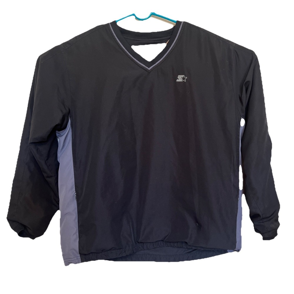 Vintage Starter Men's Large (42-44) Black V-Neck Windbreaker Pullover Jacket Top